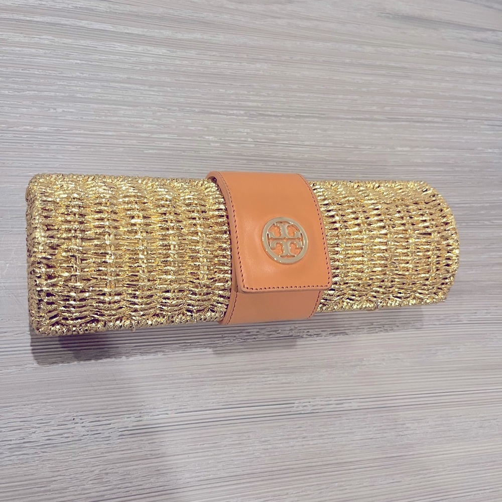 Tory Burch Rattan Leather Gold Clutch. Like New!